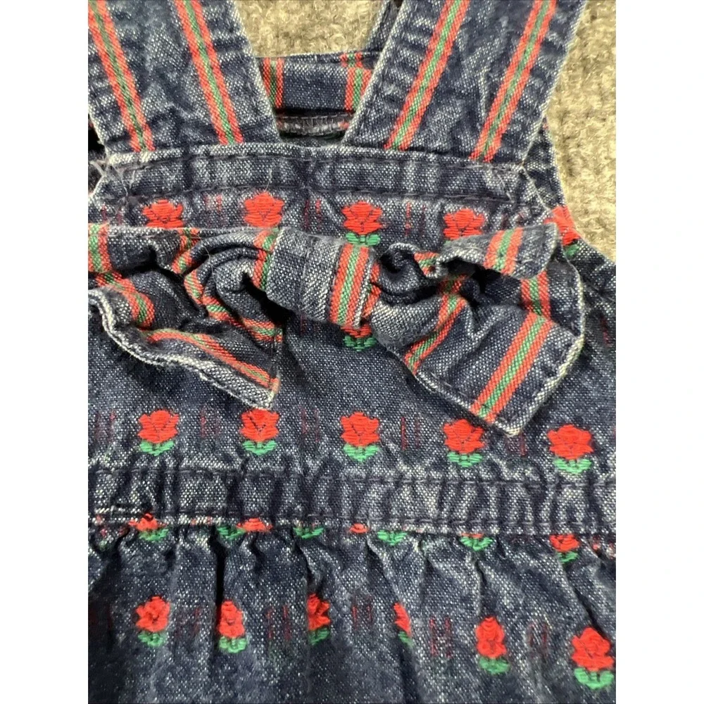 Rare Vintage OshKosh B'Gosh Floral Rose Denim Jumper Dress 18M Made in USA